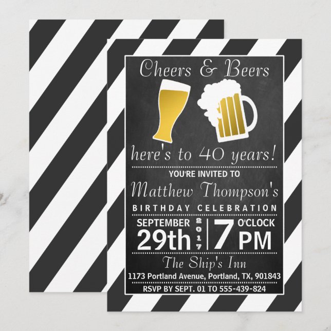 Geburtstagsparty im Chalkboard Cheers & Beers Einladung (Vorne/Hinten)