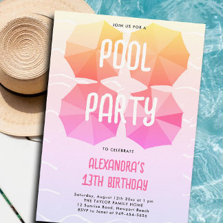 Geburtstagsparty im Schwimmbad Rosa Umbrellas Cool Einladung