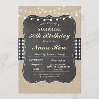 Geburtstagsparty jedes Alters Rustic Burlap Schwar Einladung