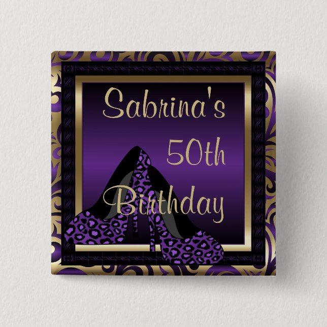 Geburtstagsparty | Lila Leoparden Button (Vorderseite)