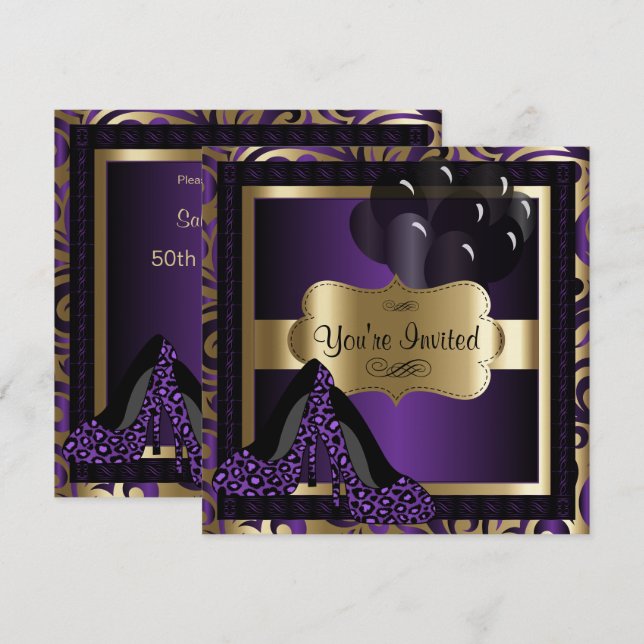 Geburtstagsparty| Lila Leoparden - Hoch Hefe Einladung (Vorne/Hinten)