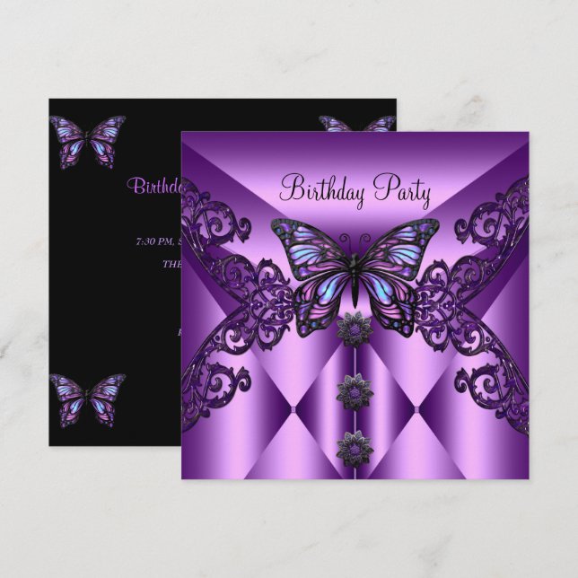 Geburtstagsparty Lila Lilac Butterfly Einladung (Vorne/Hinten)