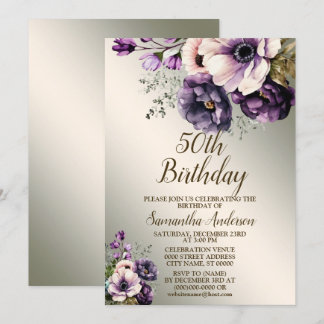 Geburtstagsparty Lila Rosa Blume Golden Elegant Einladung