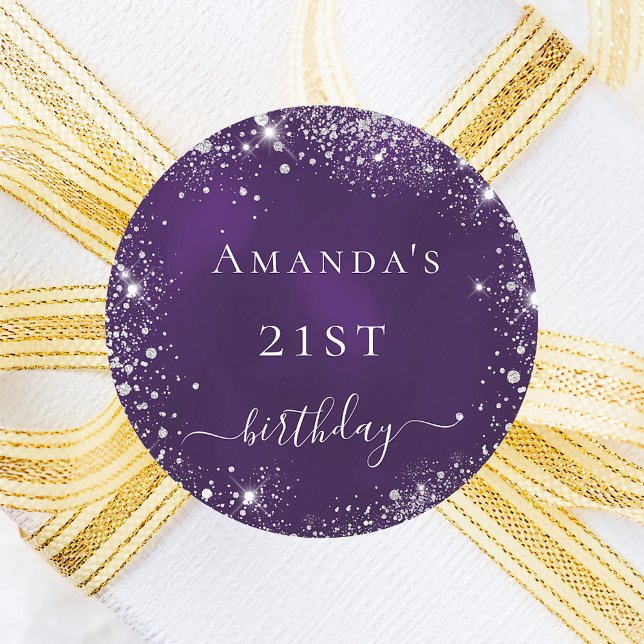 Geburtstagsparty lila Silbername Glitzer Runder Aufkleber (Von Creator hochgeladen)