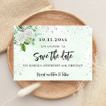 Geburtstagsparty mit blühender, grüner Eleganz Save The Date<br><div class="desc">Eine trendige und mädchenhafte Save the Date-Karte für eine 40. Geburtstagsfeier (oder jedes Alter). Stilvoll weiß und grün mit Aquarell dekoriert mit Imitaten silberne Glitzer Glitzern, weiße Blumen und Grünpflanzen. Personalisieren und fügen Sie ein Datum und Name/Alter 40. Schwarze Buchstaben. Der Text: Save the Date ist mit einem großen angesagten,...</div>