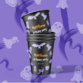 Geburtstagsparty mit lila und orangefarbenem Hallo Pappbecher