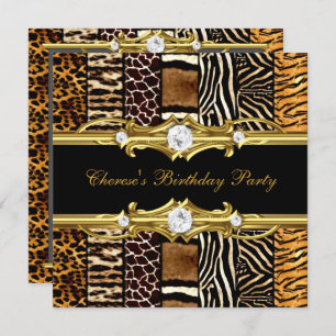 Geburtstagsparty Mixed Animal Prints Gold Black Einladung