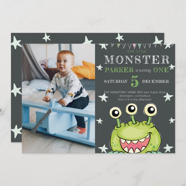 Geburtstagsparty Monster Kids Foto Einladung (Vorne/Hinten)
