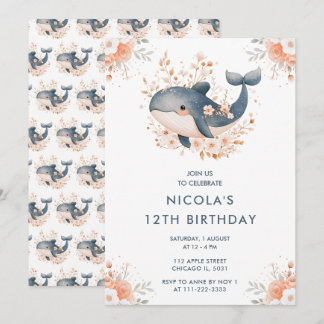 Geburtstagsparty niedlich Floral Whale Einladung