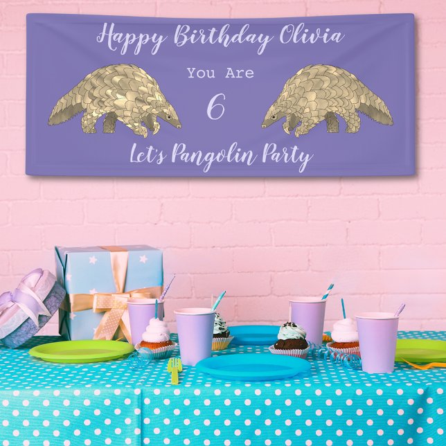 Geburtstagsparty Pangolin Lila Banner (Pangolin themed personalized 6th birthday party banner purple)