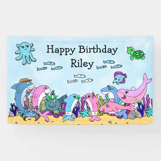 Geburtstagsparty personalisierter Baby Shark Famil Banner (Horizontal)