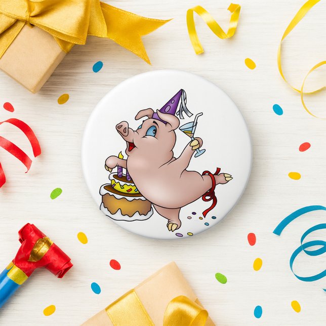 Geburtstagsparty Pig mit Kuchen und Cocktail Button (Von Creator hochgeladen)