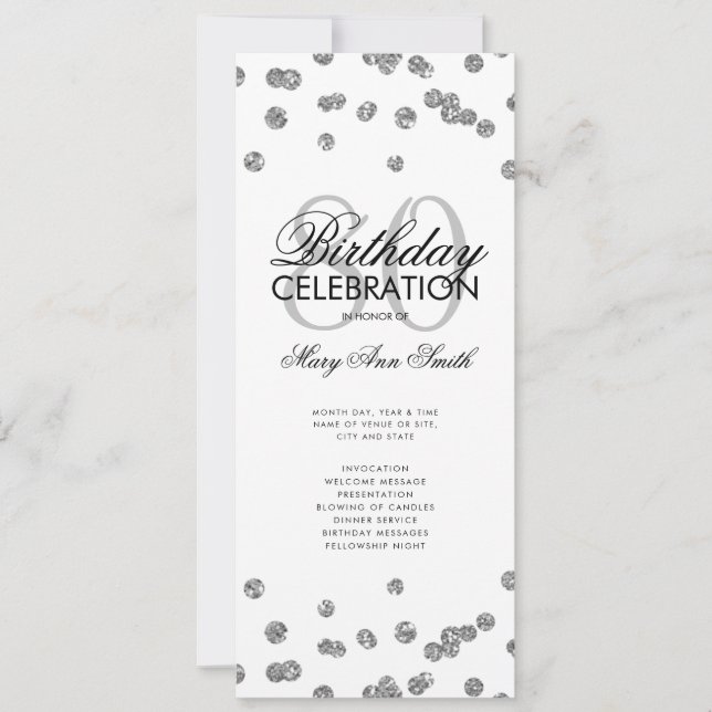 Geburtstagsparty Programm Silver Glitzer Menü (Vorderseite)