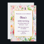 Geburtstagsparty Rosa Blumengestühle weiß Einladung<br><div class="desc">Eine elegante zeitlose Sommer- und Gartenveranstaltung zum 60. Geburtstag. Bohemischer und schlichter Stil. Mit romantischen,  sanften Pastellfarben und farbenfrohen Blume in Rosa und Pfirsichfarben und grünen Blätter. Ein weißer Hintergrund für den Text. Ein schicker Imitat vergoldet Rahmen. Vorlagen für einen Namen und Party Details,  lila dunkle Buchstaben.</div>