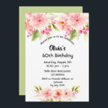 Geburtstagsparty Rosa Blumengrün Einladung<br><div class="desc">Eine elegante Einladungskarte für eine 60. Geburtstagsfeier. Mit zeitgenössischen rosa,  pfirsichfarbenen und korallenfarbenen Dahlia-Blume als Dekoration. Ein hellgrüner Hintergrund auf der Rückseite. Der Name wird mit einem schwarzen handgeschriebenen Stilskript geschrieben.</div>