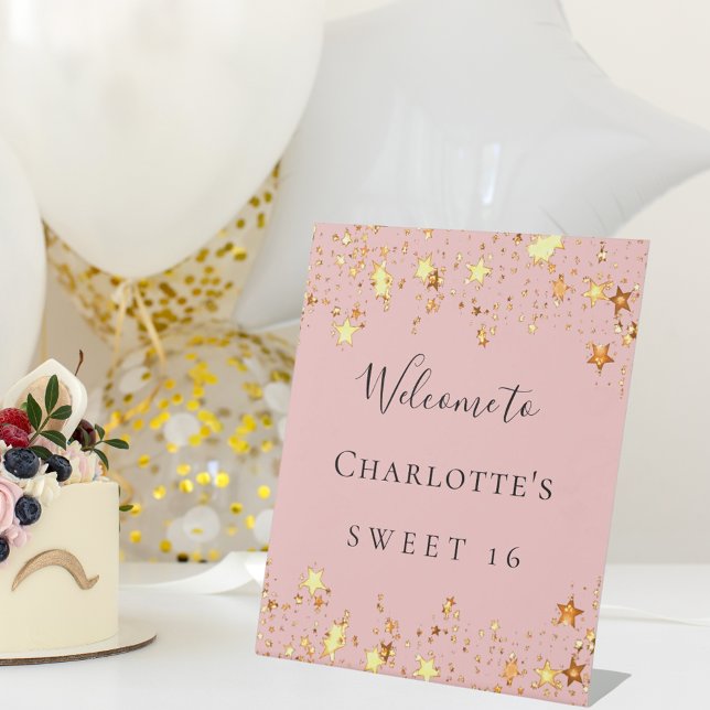 Geburtstagsparty Rosa goldene Sterne Willkommen Sockelschild (Von Creator hochgeladen)