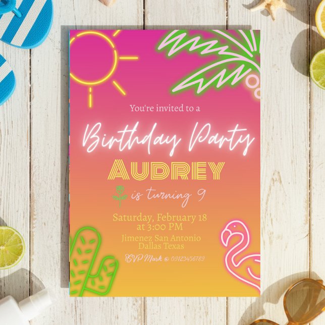 Geburtstagsparty - Rosa Neon Einladung (Birthday Party - Pink Neon Invitation)