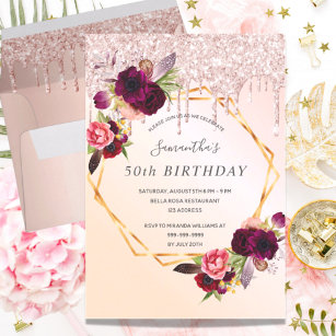 Geburtstagsparty Rose Gold Glitzer Blumenblätter b Einladung