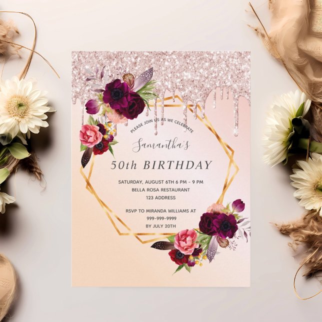 Geburtstagsparty Rose Gold Glitzer Blumenladen Postkarte (Von Creator hochgeladen)