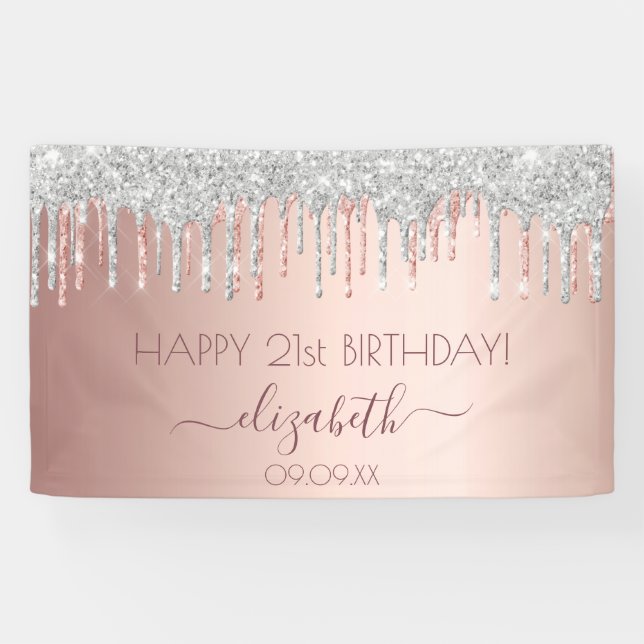 Geburtstagsparty Rose Gold Glitzer Silberfunkel Banner (Horizontal)