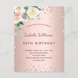 Geburtstagsparty Rose Golddiamanten Rosa Florieren Postkarte