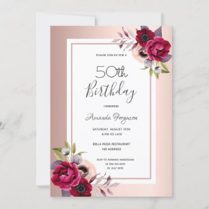 Geburtstagsparty Rose goldene Bordeaux-Blumensträu Einladung