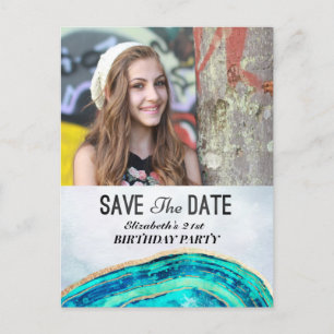 Geburtstagsparty Save the Date Aquamarin Gold Agat Einladungspostkarte