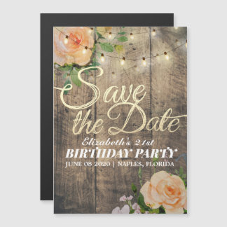 Geburtstagsparty Save the Date Blume Wood Lights Magneteinladung