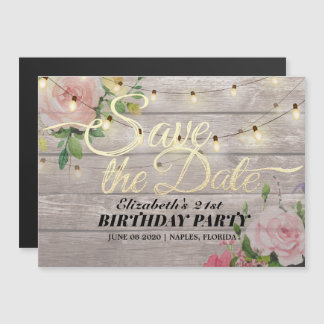 Geburtstagsparty Save the Date Blume Wood Lights Magneteinladung