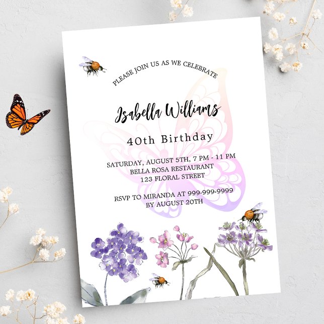 Geburtstagsparty Schmetterling Violett Wildblumen  Einladung (Von Creator hochgeladen)