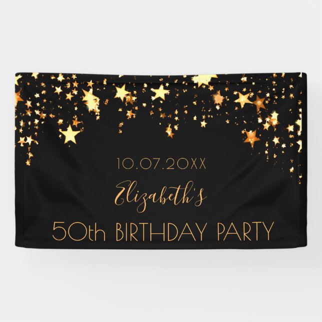 Geburtstagsparty schwarze goldene Sterne Banner (Horizontal)