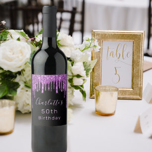 Geburtstagsparty schwarzer lila Glitzer Tropfen ro Weinetikett