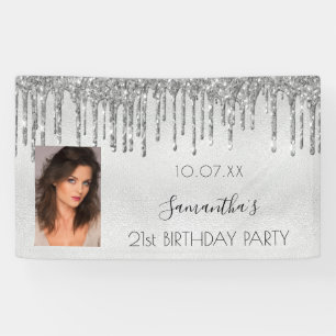 Geburtstagsparty Silber Foto Glitzer Monogramm Banner