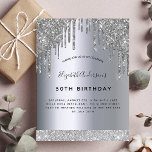 Geburtstagsparty Silber Glitzer Einladung Postkarte<br><div class="desc">Eine moderne, stilvolle und glamouröse Einladung für die 50. (oder jedes Alter) Geburtstagsfeier einer Frau. Ein Imitat silber metallisch aussehender Hintergrund mit Imitaten silberner Glitzer Tropfen, Farbe Tropflook. Der Name ist mit einem modernen, schwarzen Handschrift geschriebenen Stil geschrieben. Personalisieren und fügen Sie einen Namen, Alter und Ihre Party-Details. Zurück: Imitate...</div>