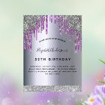 Geburtstagsparty Silber lila Glitzer funkeln Postkarte<br><div class="desc">Eine moderne, stilvolle und glamouröse Einladung für die 50. (oder jedes Alter) Geburtstagsfeier einer Frau. Ein lila und Imitate silbermetallicer Hintergrund mit Imitaten silberner Glitzer Tropfen, Farbe Tropflook. Der Name ist mit einem modernen, schwarzen Handschrift geschriebenen Stil geschrieben. Personalisieren und fügen Sie einen Namen, Alter und Ihre Party-Details. Zurück: Imitate...</div>