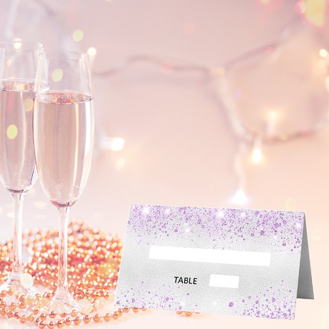 Geburtstagsparty Silber lila Glitzer Staubmetall Platzkarte (Von Creator hochgeladen)