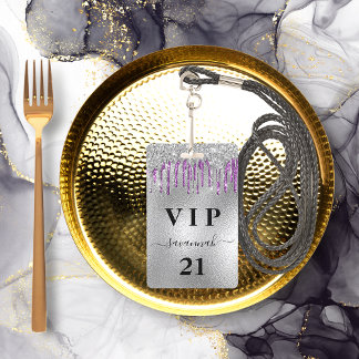 Geburtstagsparty Silber lila Glitzer Tropfen Vip Ausweis