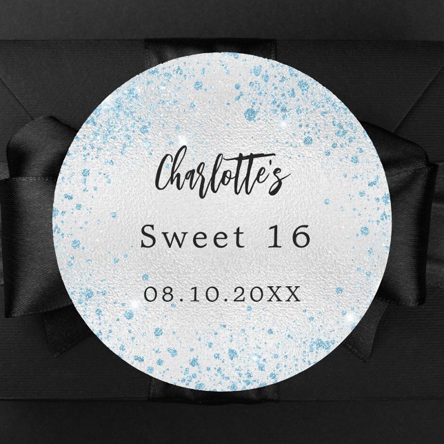 Geburtstagsparty Silberblauer Glitzer Runder Aufkleber (Von Creator hochgeladen)