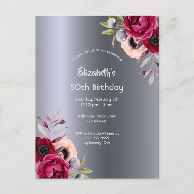 Geburtstagsparty Silberblumenburgund Postkarte (Vorderseite)