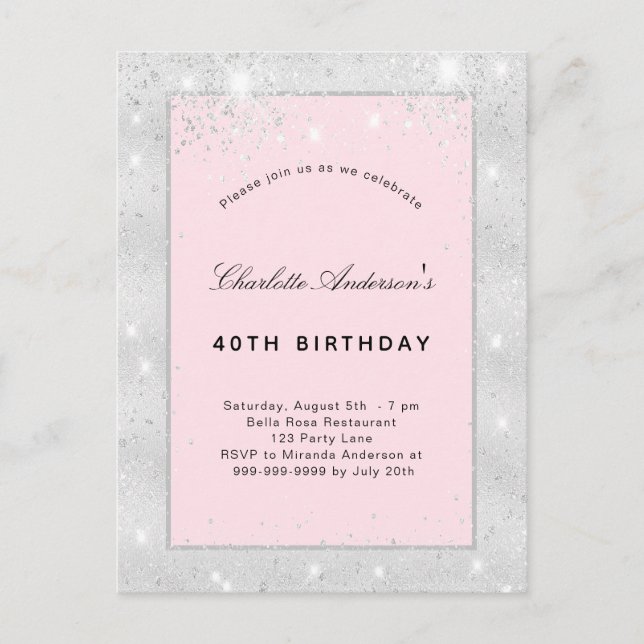 Geburtstagsparty Silberröschen Rosa Glitzer Einladungspostkarte (Vorderseite)