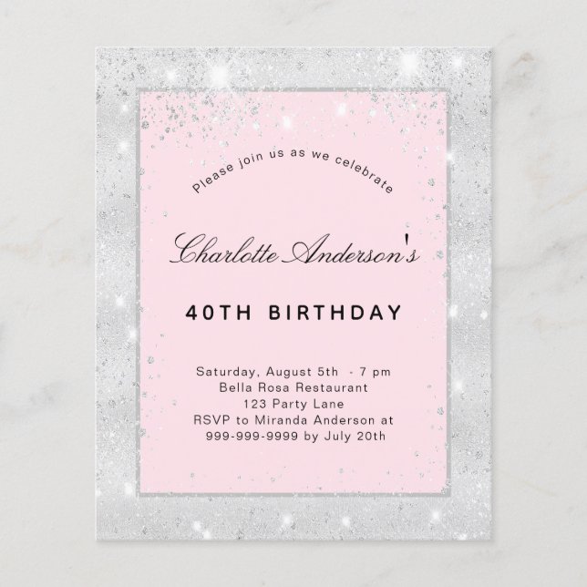 Geburtstagsparty Silberröschen Rosa Glitzer Hausha Flyer (Vorne)