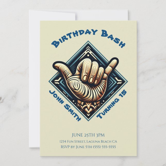 Geburtstagsparty- Surfer Hand Symbol- Einladung (Vorderseite)