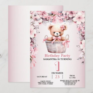 Geburtstagsparty Teddy Bear Baby Girl Pink Blume Einladung