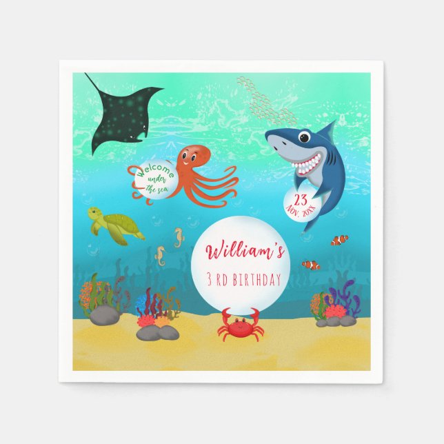 Geburtstagsparty unter den Meerestieren Serviette (Vorderseite)