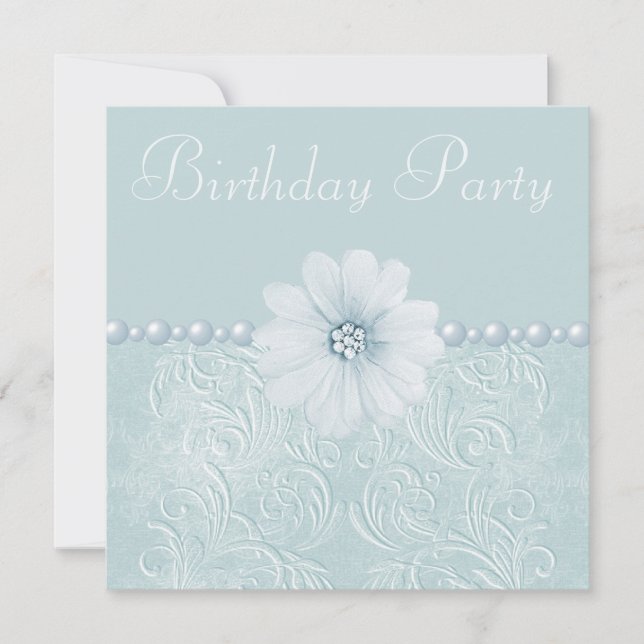 Geburtstagsparty Vintag Blue Blumen & Perlen Einladung (Vorderseite)