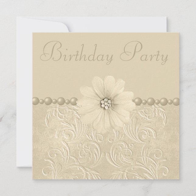 Geburtstagsparty Vintage Blume & Perlen Einladung (Vorderseite)