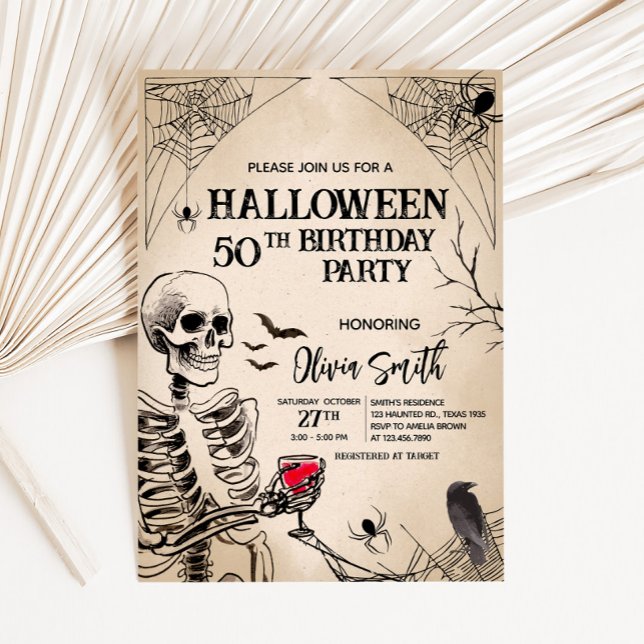 Geburtstagsparty Vintager Erwachsener Skull Hallow Einladung (Adult Vintage Skull Halloween Birthday Party Invitation)