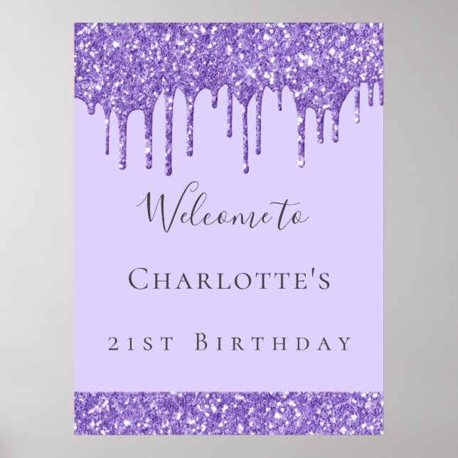 Geburtstagsparty Violett Lavendel Glitzer Name Poster (Vorne)
