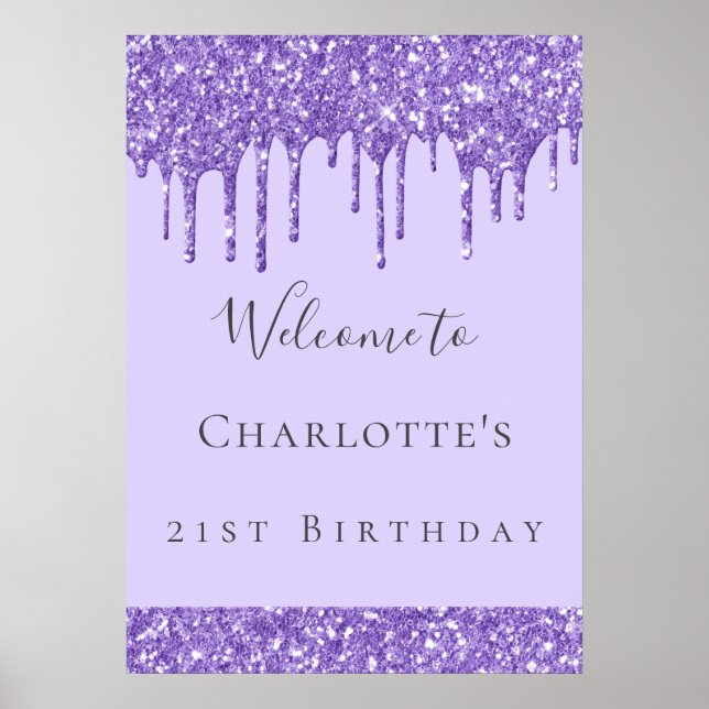 Geburtstagsparty Violett Lavendel Glitzer Name Poster (Vorne)
