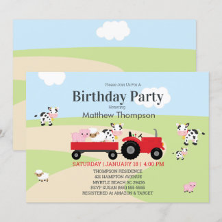Geburtstagsparty von Landtieren Red Tractor Boys Einladung